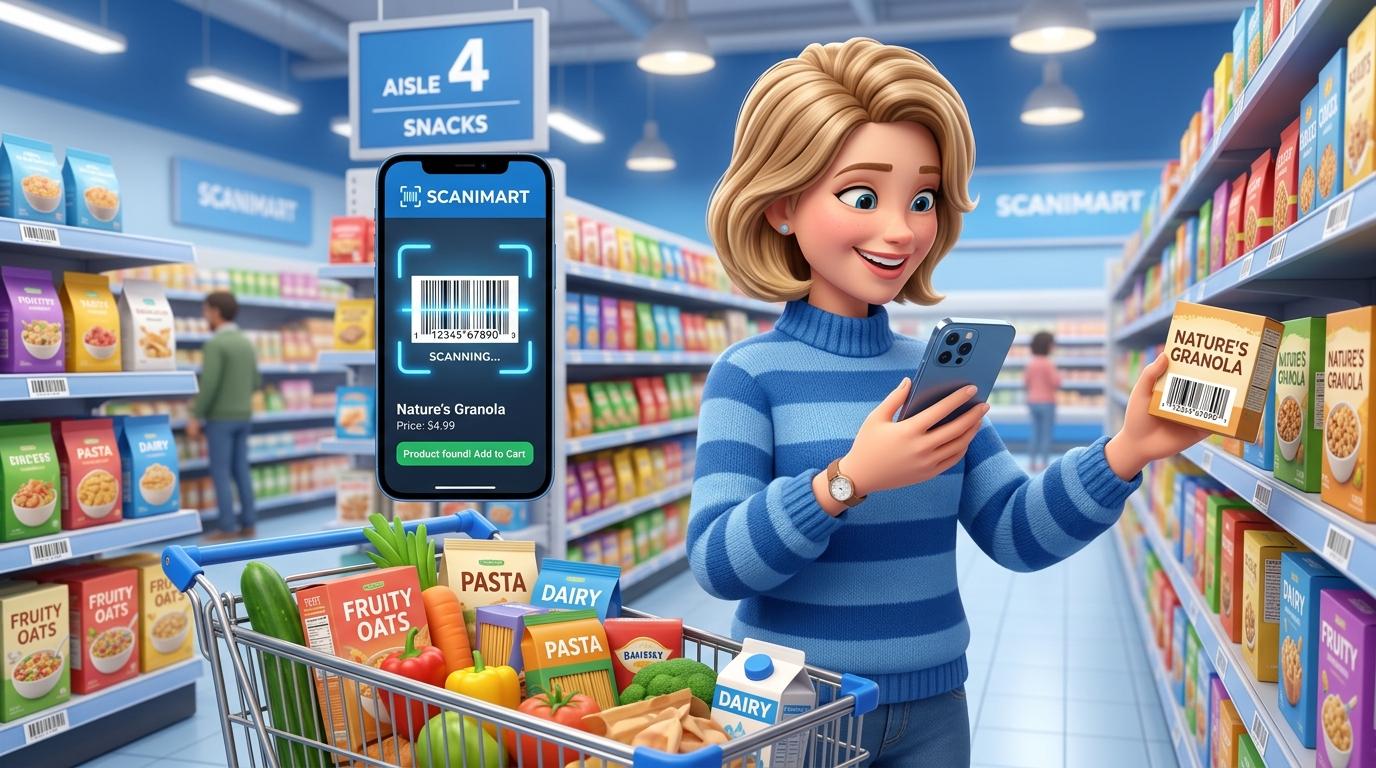 Customer using Scanimart mobile app on smartphone to scan grocery barcodes in supermarket aisle
